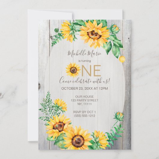 Sonnenblume Rustikaler erster Geburtstag Einladung (Vorderseite)