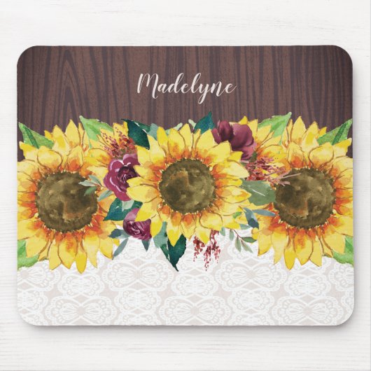 Sonnenblume Rustikaler Personalisierter Name Mousepad (Vorne)