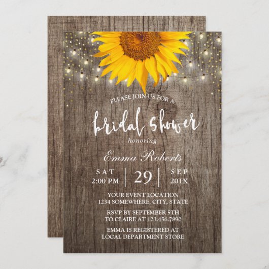 Sonnenblume Rustikales Brautparty mit Holzstrohleu Einladung (Vorne/Hinten)
