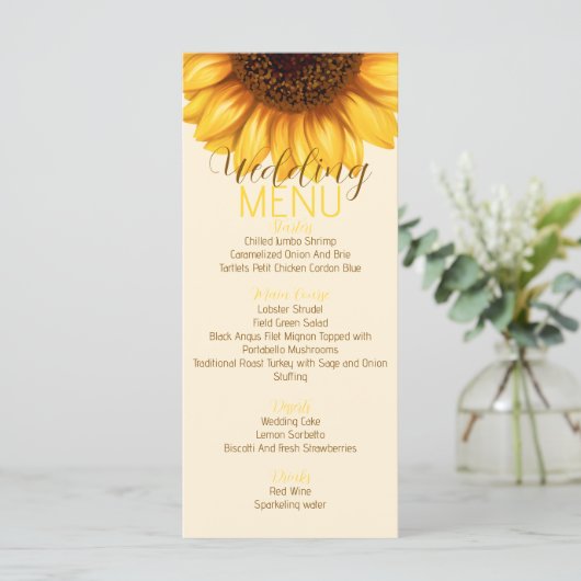 Sonnenblume Rustikales Hochzeitmenü Menükarte (Stehend Vorderseite)
