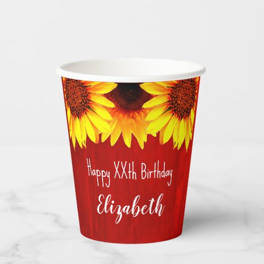 Sonnenblume Rustikales Holz Geburtstag Pappbecher (Vorderseite)