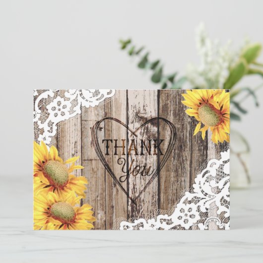Sonnenblume Rustikales Holz Spitzen und Herz Viele Dankeskarte (Stehend Vorderseite)