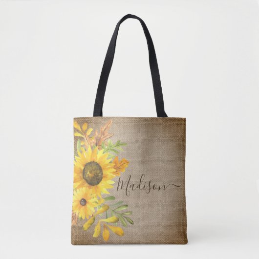 Sonnenblume Rustikales Land Burlap Personalisierte Tasche (Vorderseite)