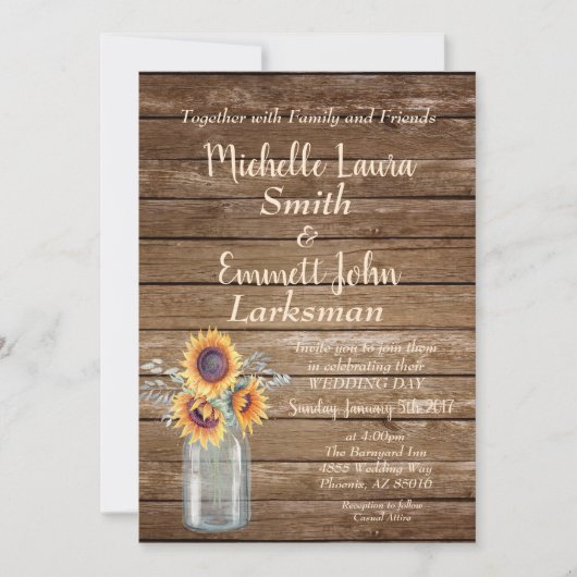 Sonnenblume Rustikales Land Holz Barnyard Mason Ja Einladung (Vorderseite)