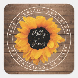 Sonnenblume Rustikales Stallholz Hochzeit Rücksend Quadratischer Aufkleber