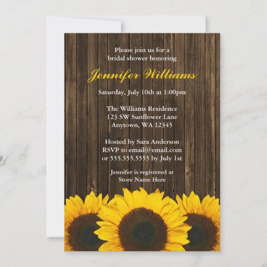Sonnenblume-Scheunen-Holz-Brautparty Einladung (Vorderseite)