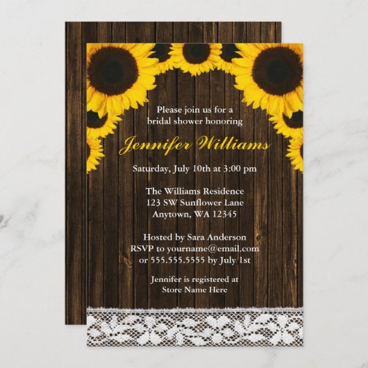 Sonnenblume-Scheunen-hölzernes Spitze-Brautparty Einladung (Vorne/Hinten)