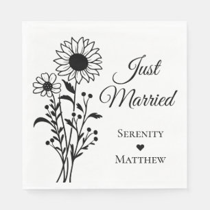 Sonnenblume Schwarz-weiß nur verheiratet Hochzeit Serviette