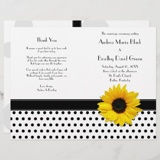 Sonnenblume Schwarz-weiß Polka Dot Hochzeitsprogra (Vorne/Hinten)
