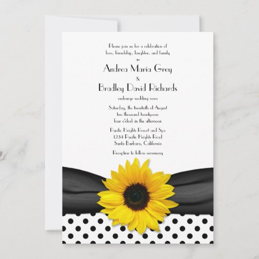 Sonnenblume Schwarz-weiß Polka Dot Ribbon Wedding Einladung (Vorderseite)