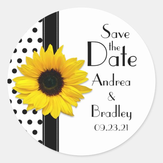 Sonnenblume Schwarz-weiß Polka Dot Save the Date Runder Aufkleber (Vorderseite)