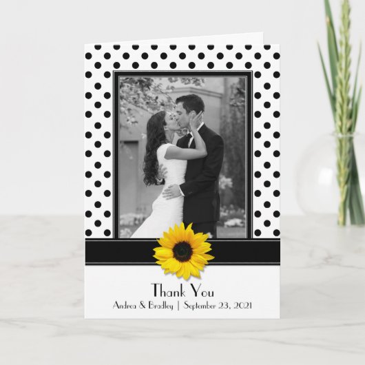 Sonnenblume Schwarz-weiß Polka Dot Wedding Vielen Dankeskarte (Vorderseite)