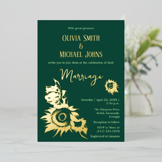 Sonnenblume Smaragdgrünes Gold QR-Code Einladung (Stehend vorne)