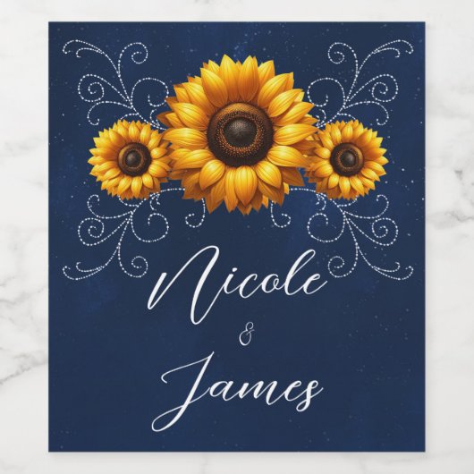 Sonnenblume Sparkle Blaue Rustikale Hochzeit Weinetikett (Einzelnes Label)