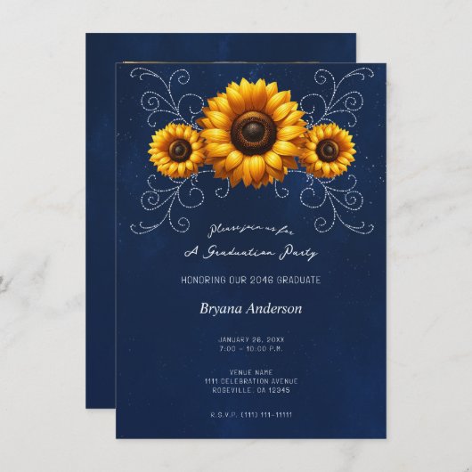 Sonnenblume Sparkle Blauer Rustikale Graduierungsp Einladung (Vorne/Hinten)