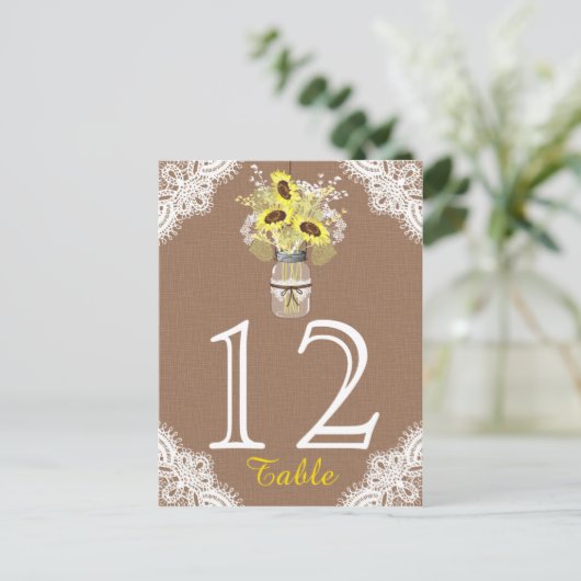 Sonnenblume Spitzen Mason Jar Rustic Wedding Table Postkarte (Stehend Vorderseite)