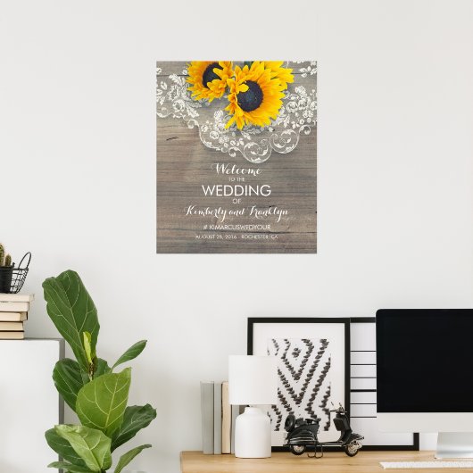 Sonnenblume Spitzenholz Rustikale Hochzeit Begrüßu Poster (Heimbüro)