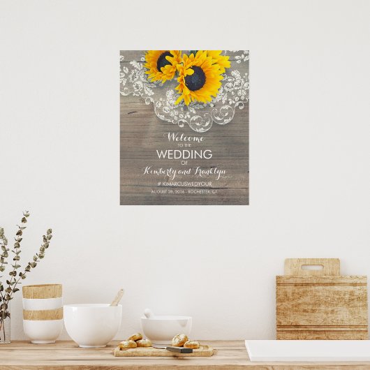 Sonnenblume Spitzenholz Rustikale Hochzeit Begrüßu Poster (Küche)