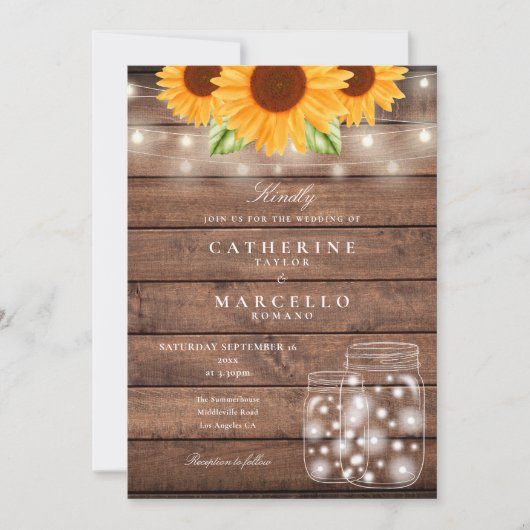 Sonnenblume String Lights Mason Jar Rustikale Hoch Einladung (Vorderseite)