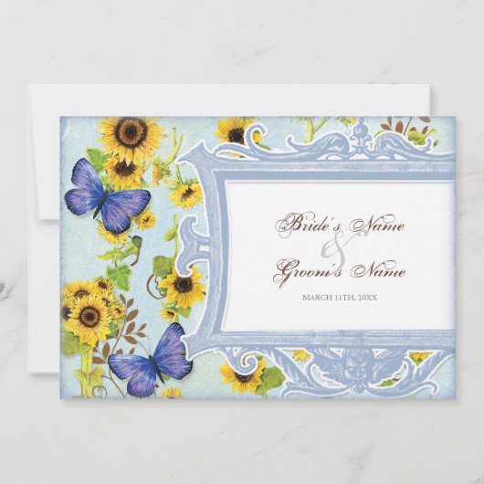 Sonnenblume Swirl Blumenrahmen Blauer Schmetterlin Einladung (Rückseite)