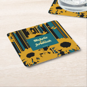 Sonnenblume Teal Blau Gold Moderne Hochzeit Rechteckiger Pappuntersetzer