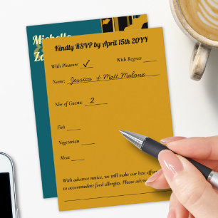 Sonnenblume Teal Blau Gold Moderne Hochzeit RSVP Karte