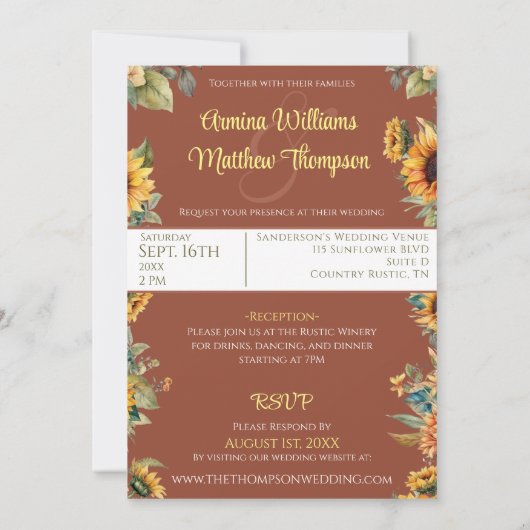 Sonnenblume Terracotta Foto Hochzeit mit UAWG Einladung (Rückseite)