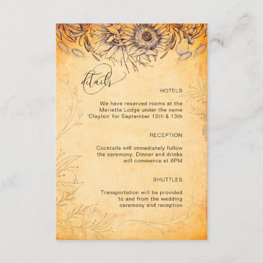 Sonnenblume Toskana Herbst Textur Tracera Begleitkarte (Vorderseite)