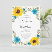 Sonnenblume Türkis Rose Geometric Floral Wedding Einladung (Stehend Vorderseite)