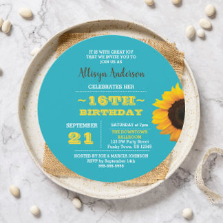 Sonnenblume Türkis Runde Süß 16 Einladung