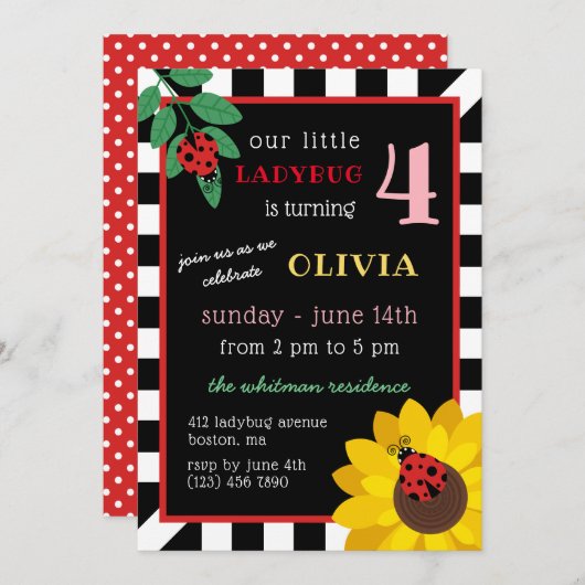 Sonnenblume-u. Marienkäfer-Kindergeburtstag Einladung (Vorne/Hinten)