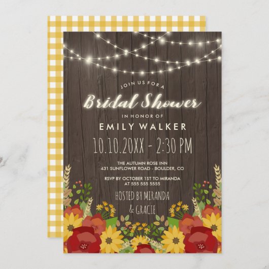 Sonnenblume-u. Schnur-Licht-rustikales Brautparty Einladung (Vorne/Hinten)