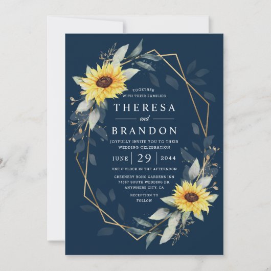 Sonnenblume und blau-geometrische Hochzeit Einladung (Vorderseite)