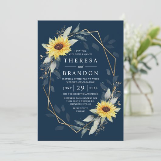 Sonnenblume und blau-geometrische Hochzeit Einladung (Stehend Vorderseite)
