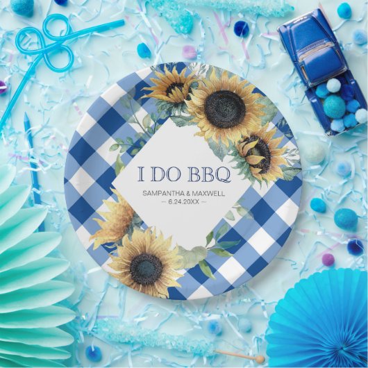 Sonnenblume und Blauer Gingham I. GRILLEN Pappteller (Party)