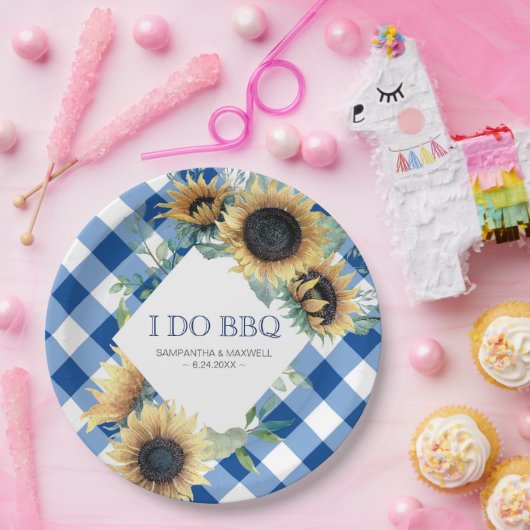 Sonnenblume und Blauer Gingham I. GRILLEN Pappteller (Party)