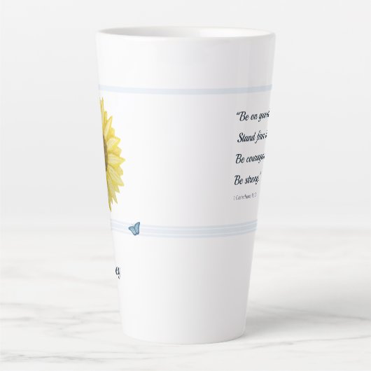 Sonnenblume und Blauer Schmetterling-Schrift Latte Milchtasse (Vorderseite)