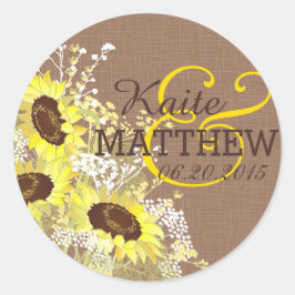 Sonnenblume und Burlap-Hochzeitssymbol Runder Aufkleber