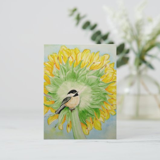 Sonnenblume und Chickadee Postkarte (Stehend Vorderseite)