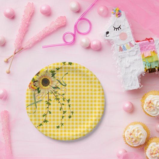 Sonnenblume und Efeu-Bouquet mit Damenbug Pappteller (Party)