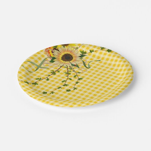 Sonnenblume und Efeu-Bouquet mit Damenbug Pappteller (Schrägansicht)
