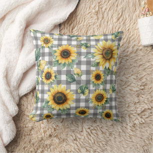 Sonnenblume und Gingham Rustikales Bauernhaus  Kissen