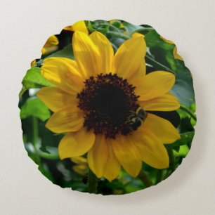 Sonnenblume und Hummelpilz (16") Rundes Kissen