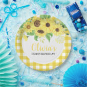 Sonnenblume und Karierter Sommer Erster Geburtstag Pappteller (Party)