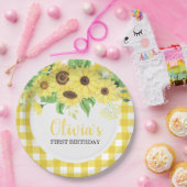 Sonnenblume und Karierter Sommer Erster Geburtstag Pappteller (Party)