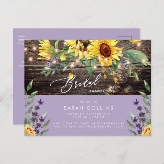 Sonnenblume und Lavender Bridal Rustikale Dusche Postkarte (Vorne/Hinten)