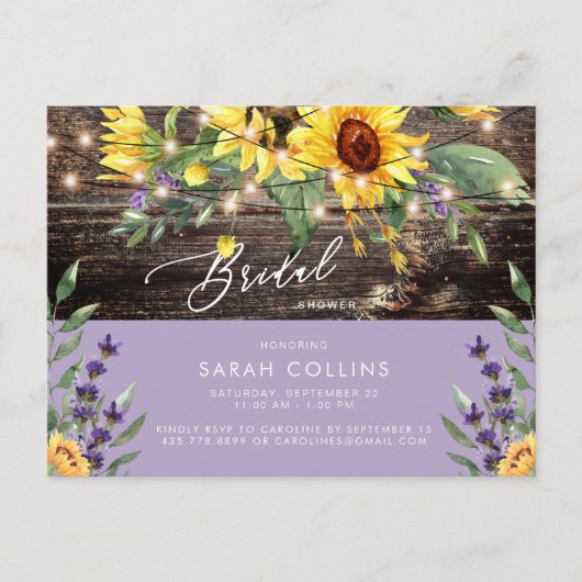 Sonnenblume und Lavender Bridal Rustikale Dusche Postkarte (Vorderseite)