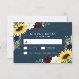 Sonnenblume und Navy Blue Magnolia Burgundy Weddin RSVP Karte