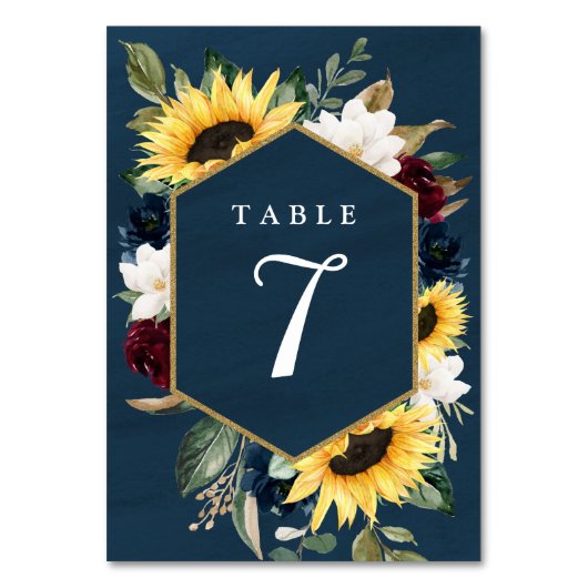 Sonnenblume und Navy Blue Magnolia Burgundy Weddin Tischnummer (Vorderseite)
