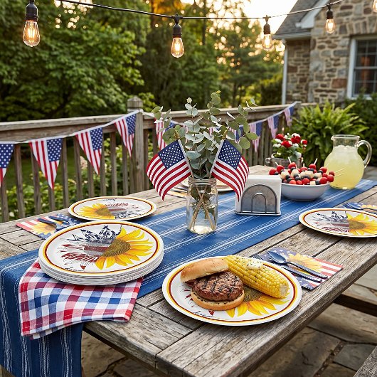 Sonnenblume unter der amerikanischen Flagge Pappteller
